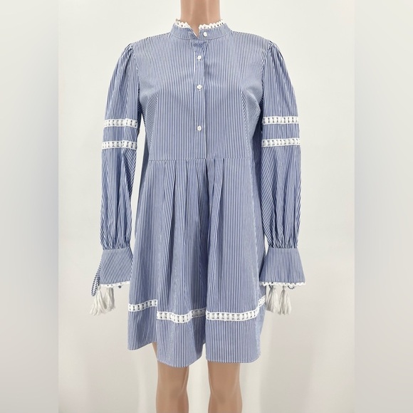 English Factory Blue Striped Cotton Long Sleeve Shirt Dress Tassels & Lace Trim - Picture 1 of 10